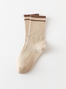 1對女士條紋圖案休閒中筒襪適用於日常生活 - 卡其色 - 查看 2