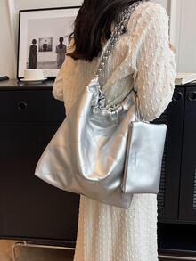 Rhombus Pattern Shoulder Tote Bag Silver Funky With Wallet - Silver - View 2