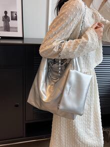 Rhombus Pattern Shoulder Tote Bag Silver Funky With Wallet - Silver - View 3