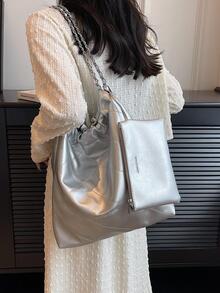 Rhombus Pattern Shoulder Tote Bag Silver Funky With Wallet - Silver - View 4