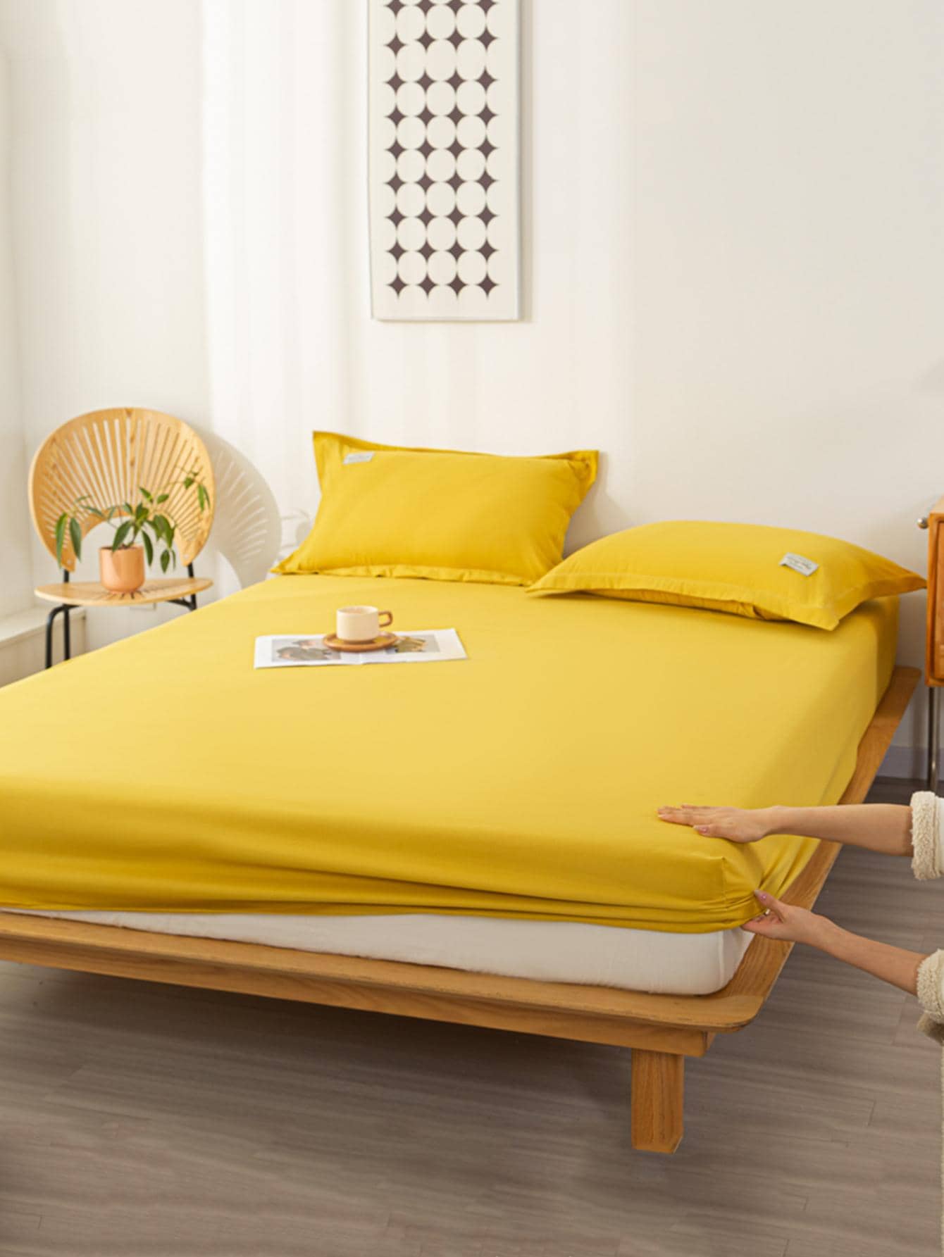 1入組素色床笠臥室用簡單織物床笠 - 黃色 - 查看 1