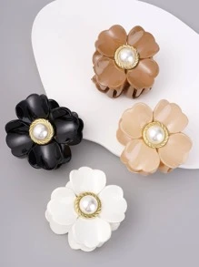 4入組女士人造珍珠裝飾花朵設計時尚髮爪 - 彩色 - 查看 4