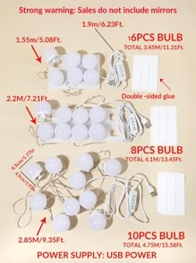 1 个 USB 电源 4/6/8/10/12/14 灯泡梳妆镜灯、化妆镜灯、颜色和亮度可调、完美用作镜前补光灯、浴室梳妆台照明活动 LED 壁灯