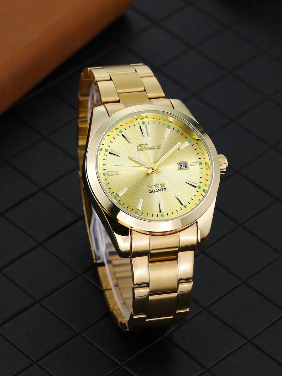 Men Round Pointer Date Quartz Watch - Gold - View 1