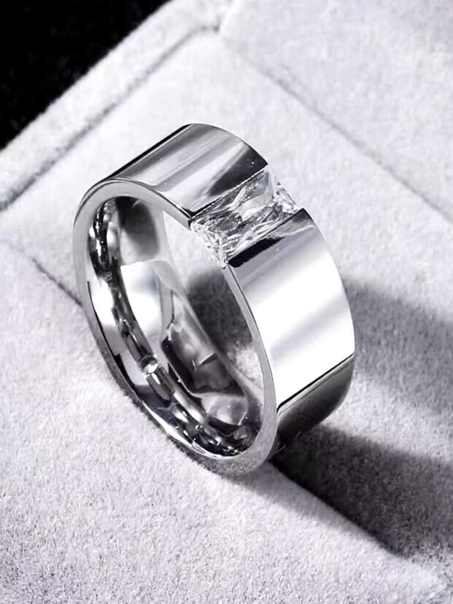 1 pieza Anillo incrustado con cristal de acero inoxidable, adecuado para fiestas y baile, anillo de piedra preciosa elegante, resistente a la decoloración, anillo de moda, regalo perfecto para el Día de San Valentín, anillo liso con incrustaciones de estilo empresarial vintage , anillo de dedo elegante y único con Rhinestone para compromiso y boda, accesorio empresarial casual europeo y americano, anillo de dedo simple de moda coreana para hombres, joyería de anillo de estilo hip-hop ligero y lujoso, mamá, madre, Día de la Madre, regalo - Plateado - Ver 1