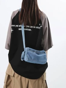 MOBAOFANG Túi denim Hobo màu xanh tối giản có thể điều chỉnh dây đeo hàng ngày - Màu xanh lam - Xem 4