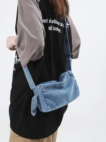 MOBAOFANG Túi denim Hobo màu xanh tối giản có thể điều chỉnh dây đeo hàng ngày - Màu xanh lam - Xem 5