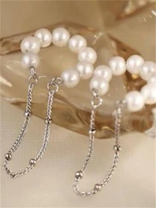 1對時尚925銀無耳洞耳夾,裝飾人造珍珠,適用於女性日常 - 銀色 - 查看 2