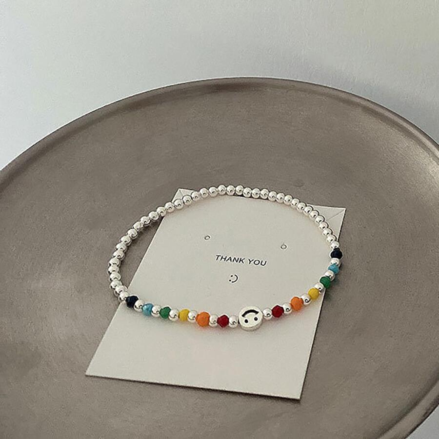 1pc Fashion Copper Expression Decor Beaded Bracelet For Women For Daily Life - Silver - View 1