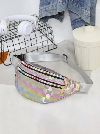 Riñonera medio cremallera miedoso de color combinado con patrón de cuadros correa ajustable