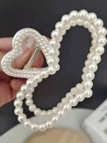 1入組女士珍珠愛心設計優雅髮爪適用於頭髮裝飾用品 - 白色 - 查看 3