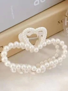 1入組女士珍珠愛心設計優雅髮爪適用於頭髮裝飾用品 - 白色 - 查看 1