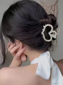 1入組女士珍珠愛心設計優雅髮爪適用於頭髮裝飾用品 - 白色 - 查看 2