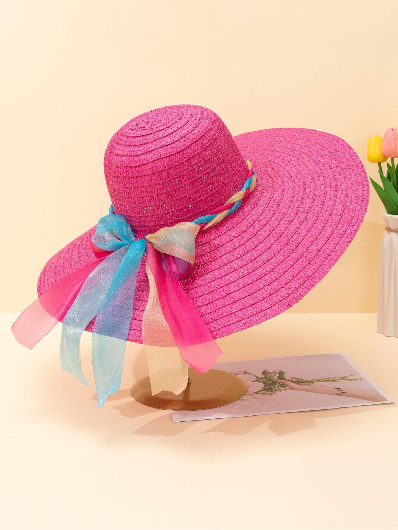 蝴蝶結裝飾草編帽 - 玫紅色 - 查看 1