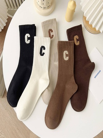 5pairs Men Letter Embroidered Casual Crew Socks For Daily Life