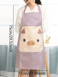 1入組條紋圖案和卡通豬印花可愛滌綸防污烹飪圍裙 - 紫色 - 查看 2