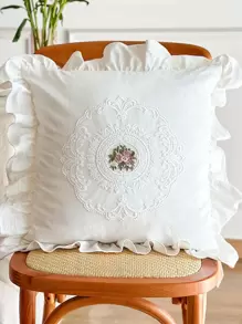 1pc Flower Embroidered Cushion Cover Without Filler, Modern Woven Fabric Pillow Cover For Home - Multicolor - View 1