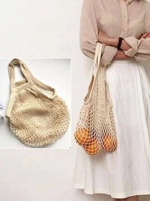 便攜可重複使用雜貨店包水果蔬菜包可水洗網紗細繩收納手提包短手柄網狀手提包 - 米色 - 查看 1