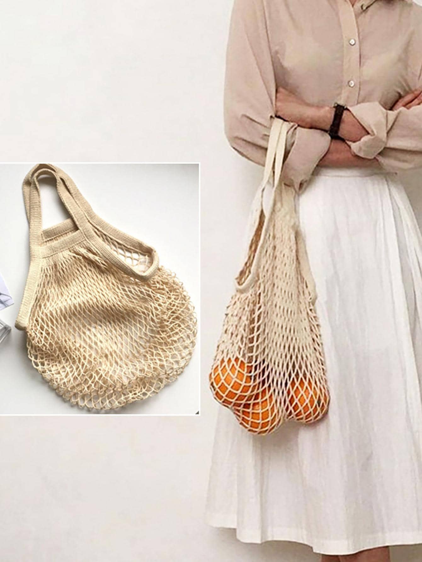 便攜可重複使用雜貨店包水果蔬菜包可水洗網紗細繩收納手提包短手柄網狀手提包 - 米色 - 查看 1