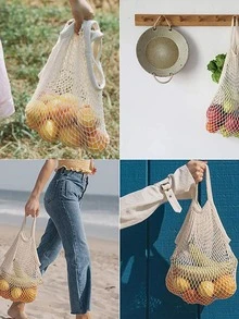 便攜可重複使用雜貨店包水果蔬菜包可水洗網紗細繩收納手提包短手柄網狀手提包 - 米色 - 查看 3