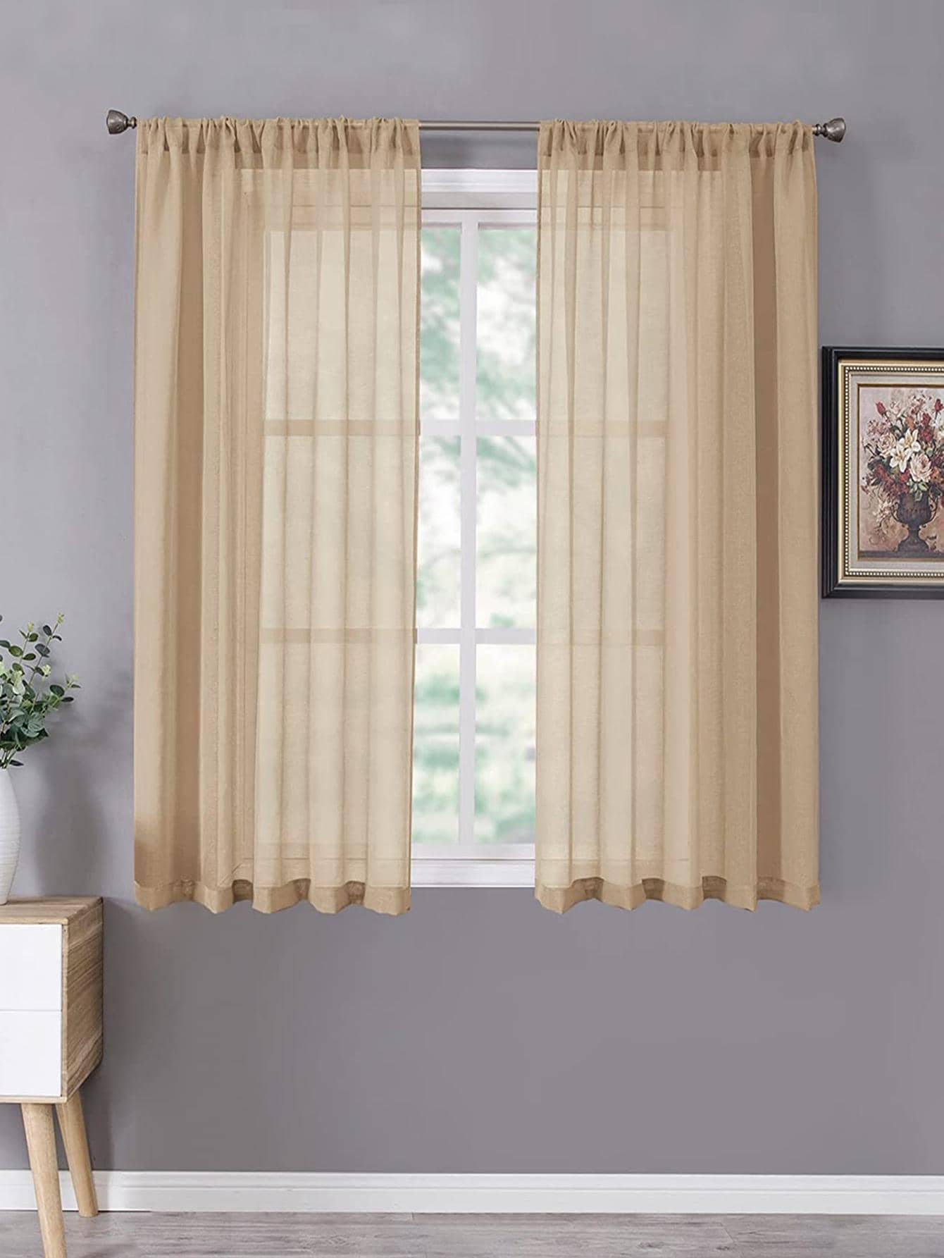 1 件时尚简约纯色亚麻薄纱窗帘 - 卡其色 - 查看 1