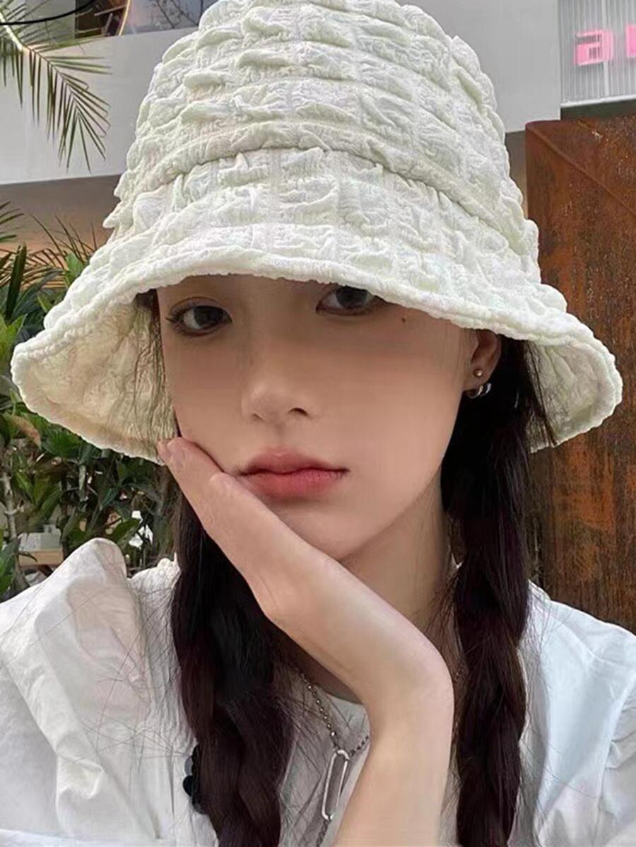 1pc Women'S Sweet And Lovely, Fashionable And Stylish Pleated Basin Hat, Suitable For Warm Keeping In Autumn And Winter And Daily Matching - White - View 1