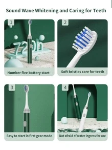 1pc PP Electric Toothbrush With 5pcs Toothbrush Head, Simple Green Soft Waterproof Automatic Toothbrush For Bathroom - Green - View 4