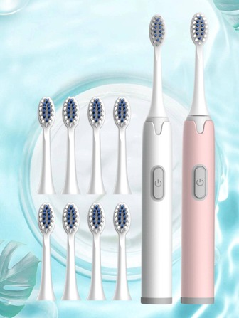 2pcs/set PP Electric Toothbrush & 10pcs Replacement Toothbrush Head, Modern Two Tone Waterproof Portable Electric Toothbrush For Birthday Gift