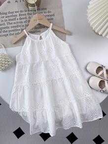 Young Girls White Sleeveless Hollow-Out Long Dress