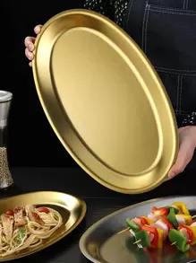 Stainless Steel Egg-Shaped Plate, Golden Oval Flat Bottom Tray, Steamer Fish Plate, Vegetable Plate, Commercial BBQ Plate, Jewelry Display Plate - Gold - View 1