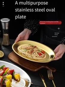 Stainless Steel Egg-Shaped Plate, Golden Oval Flat Bottom Tray, Steamer Fish Plate, Vegetable Plate, Commercial BBQ Plate, Jewelry Display Plate - Gold - View 5