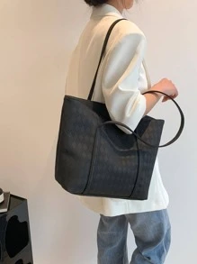 Túi Tote Đeo Vai Họa Tiết Kẻ Sọc Dung Tích Lớn Thời Trang Màu Trơn - màu đen - Xem 3
