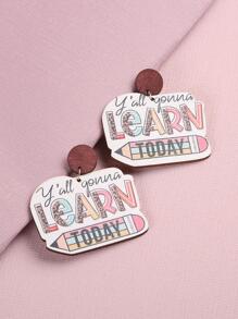 時尚木頭鉛筆和標語圖案幾何耳墜適合女士適用於教師節禮品 - 彩色的 - 查看 1