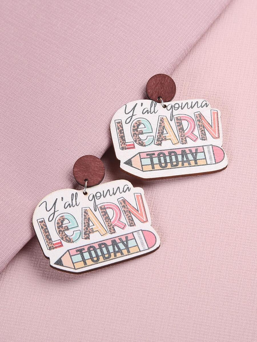 時尚木頭鉛筆和標語圖案幾何耳墜適合女士適用於教師節禮品 - 彩色的 - 查看 1