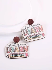 時尚木頭鉛筆和標語圖案幾何耳墜適合女士適用於教師節禮品 - 彩色的 - 查看 3