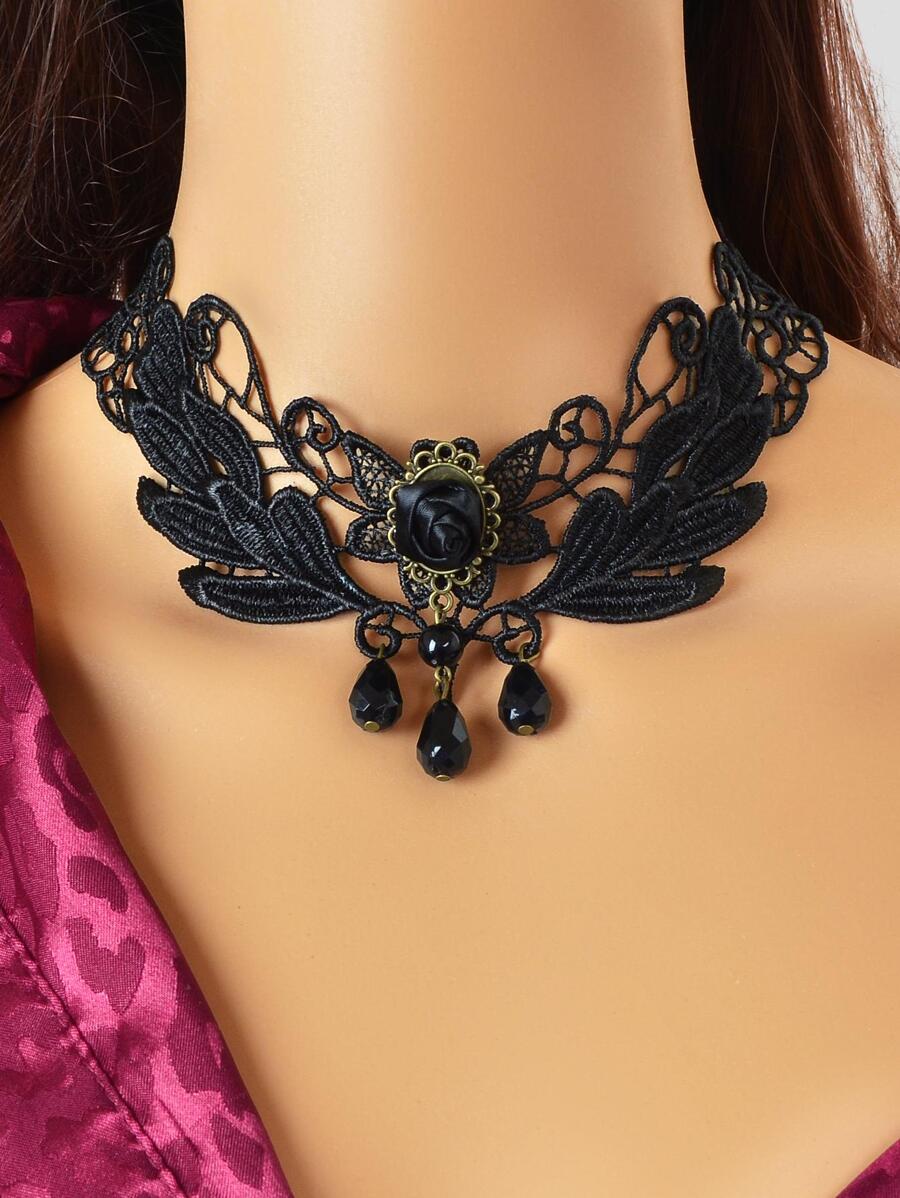 1 Ren Đen Hoa & Hình Giọt Nước Mặt Dây Chuyền Vòng Cổ Choker Gothic Vòng Cổ - màu đen - Xem 1