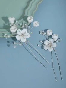 2pcs Flower & Faux Pearl Bridal Hairpins Elegant Bridal Headpiece Valentine's Day Accessories - Silver - View 2