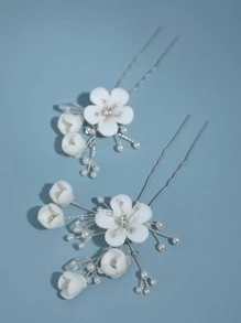 2pcs Flower & Faux Pearl Bridal Hairpins Elegant Bridal Headpiece Valentine's Day Accessories - Silver - View 4