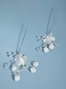 2pcs Flower & Faux Pearl Bridal Hairpins Elegant Bridal Headpiece Valentine's Day Accessories - Silver - View 6