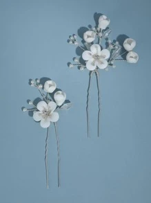 2pcs Flower & Faux Pearl Bridal Hairpins Elegant Bridal Headpiece Valentine's Day Accessories - Silver - View 3