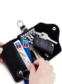 鑰匙錢包多功能分離式皮革鑰匙圈汽車鑰匙包商務鑰匙包男女包零錢包 - 黑色 - 查看 2