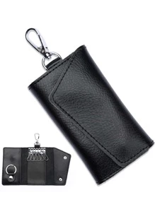 鑰匙錢包多功能分離式皮革鑰匙圈汽車鑰匙包商務鑰匙包男女包零錢包 - 黑色 - 查看 6
