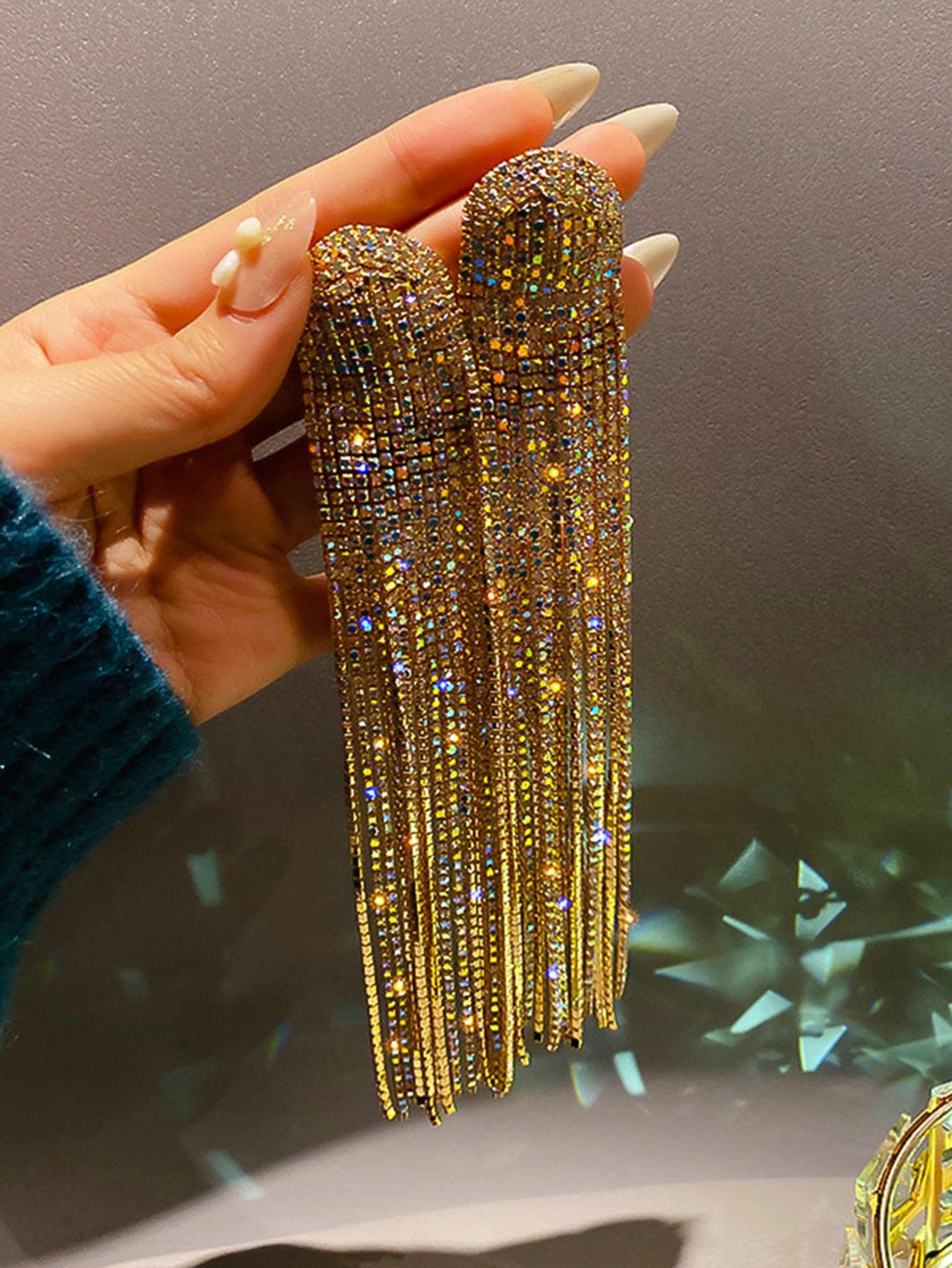 Andkiss Rhinestone Tassel Drop Earrings - Yellow Gold - View 1