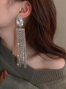 Andkiss Rhinestone Tassel Drop Earrings - Silver - View 3
