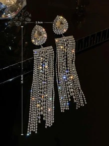 Andkiss Rhinestone Tassel Drop Earrings - Silver - View 4