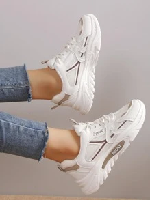 Giày thể thao chunky thể thao cho nữ, Đồ họa chữ cái Colorblock cột dây phía trước - Màu be - Xem 1