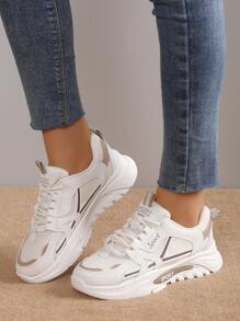 Giày thể thao chunky thể thao cho nữ, Đồ họa chữ cái Colorblock cột dây phía trước - Màu be - Xem 2