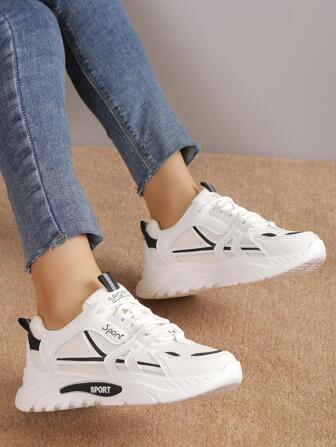 運動老爹鞋適用於女士撞色字母圖案前綁帶運動鞋