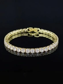 1入組魅力四射銅流行方晶鋯石手鏈適合女士男士日常裝飾適合派對宴會婚禮 - 金色 - 查看 3