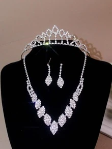 1入組女士鑽石裝飾豪華婚禮頭飾和3入組珠寶套裝，適用於婚禮皇冠 - 銀色 - 查看 1